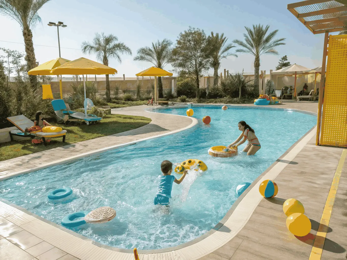 An inviting image of the swimming pool with families and individuals enjoying water activities under bright, sunny conditions.