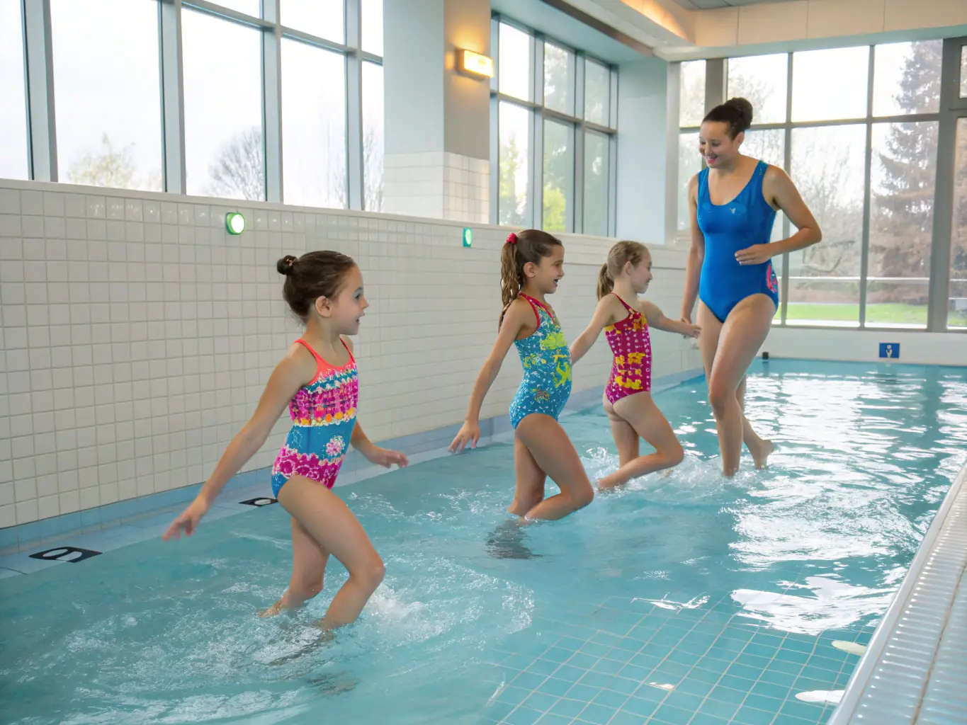 A group of children participating in a beginner swimming lesson, with an instructor demonstrating proper technique in a clear, blue swimming pool.