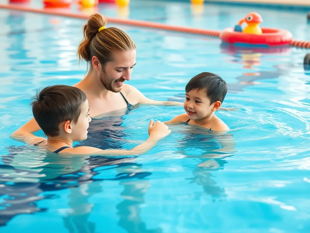 A photo of an instructor teaching swimming techniques to a diverse group of learners in the pool.
