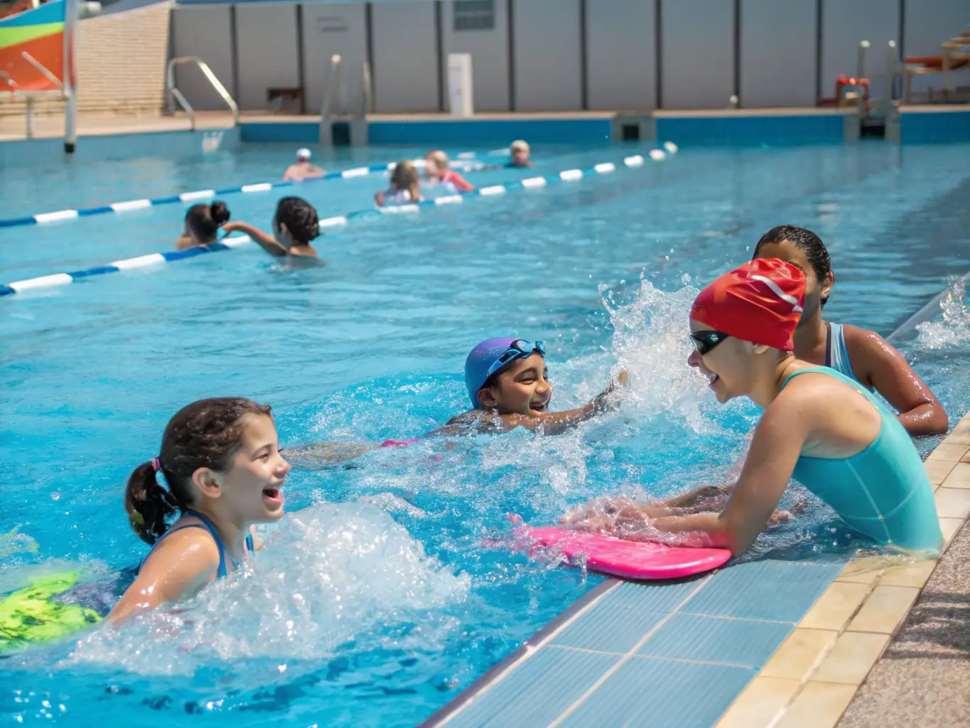 A vibrant image of a water aerobics class in progress, showcasing participants of various ages and fitness levels enjoying the workout.