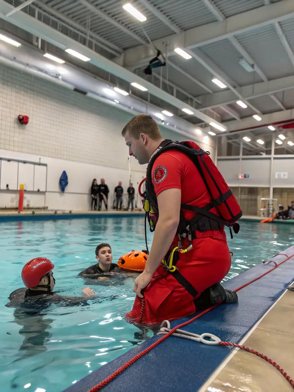 A lifeguard supervising a group of adults doing laps in a well-lit indoor pool, emphasizing safety and fitness at ASS INTERCOM PISCINE DE LA PIMPERADE.
